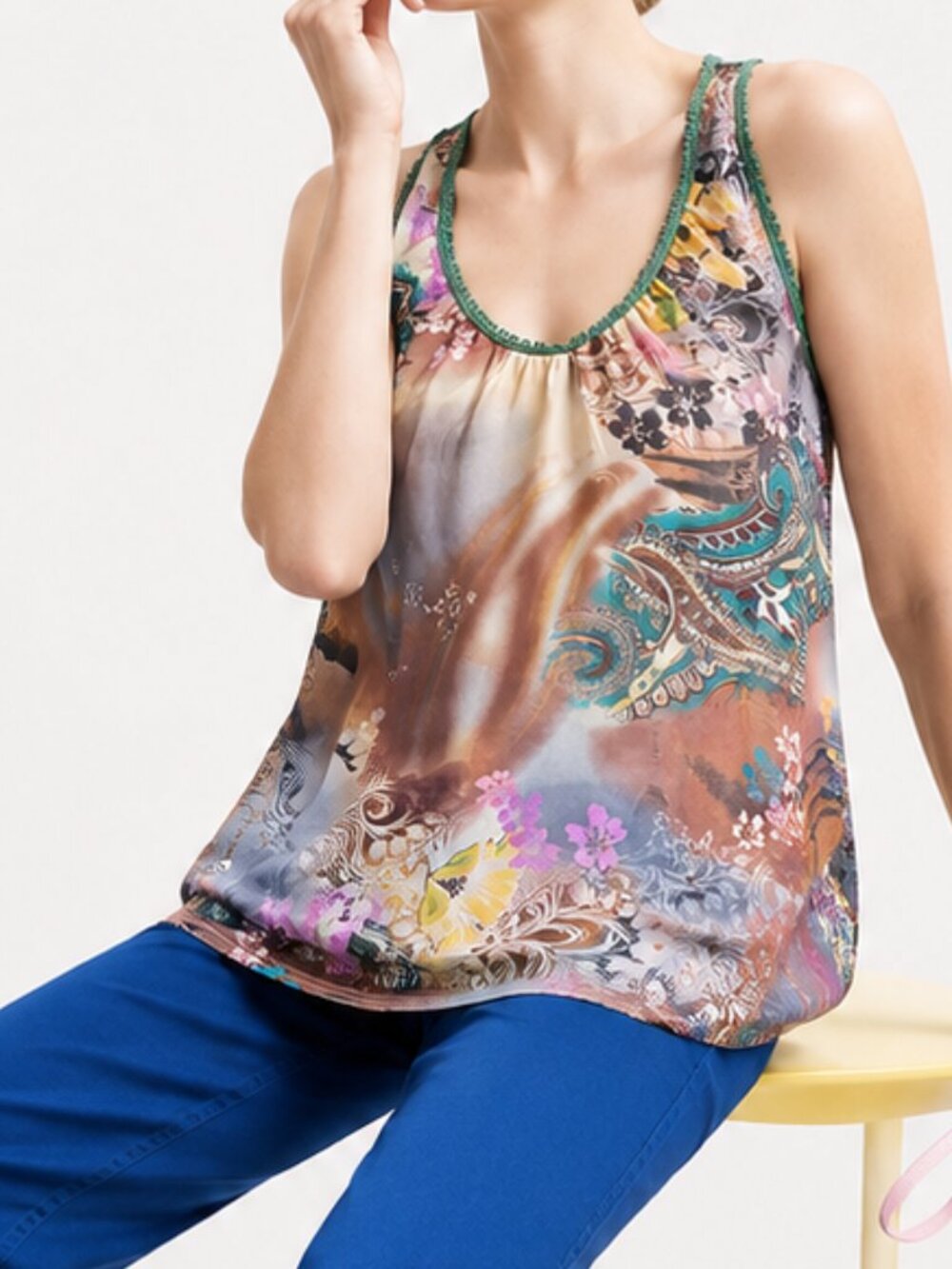 Silk Printed Tank with Waist Smocking (0323)